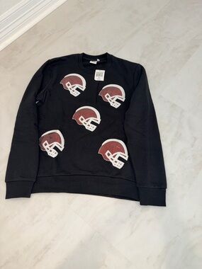 Women’s Black Crewneck Sweatshirt with Red Helmet Motif